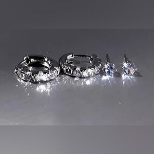 Earrings 2 Pair Set Of Stud & Tiny Hoop Pierced Copper With Zirconia Elegant